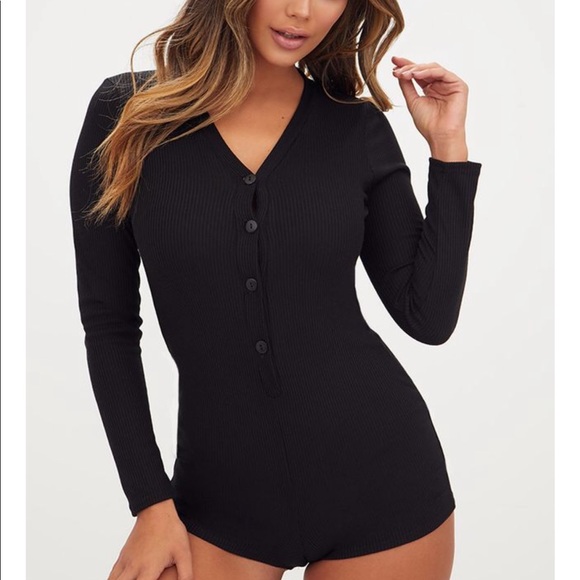 Black romper bodysuit Jumpsuit shorts barbie glam jumper Henley pajamas sexy new